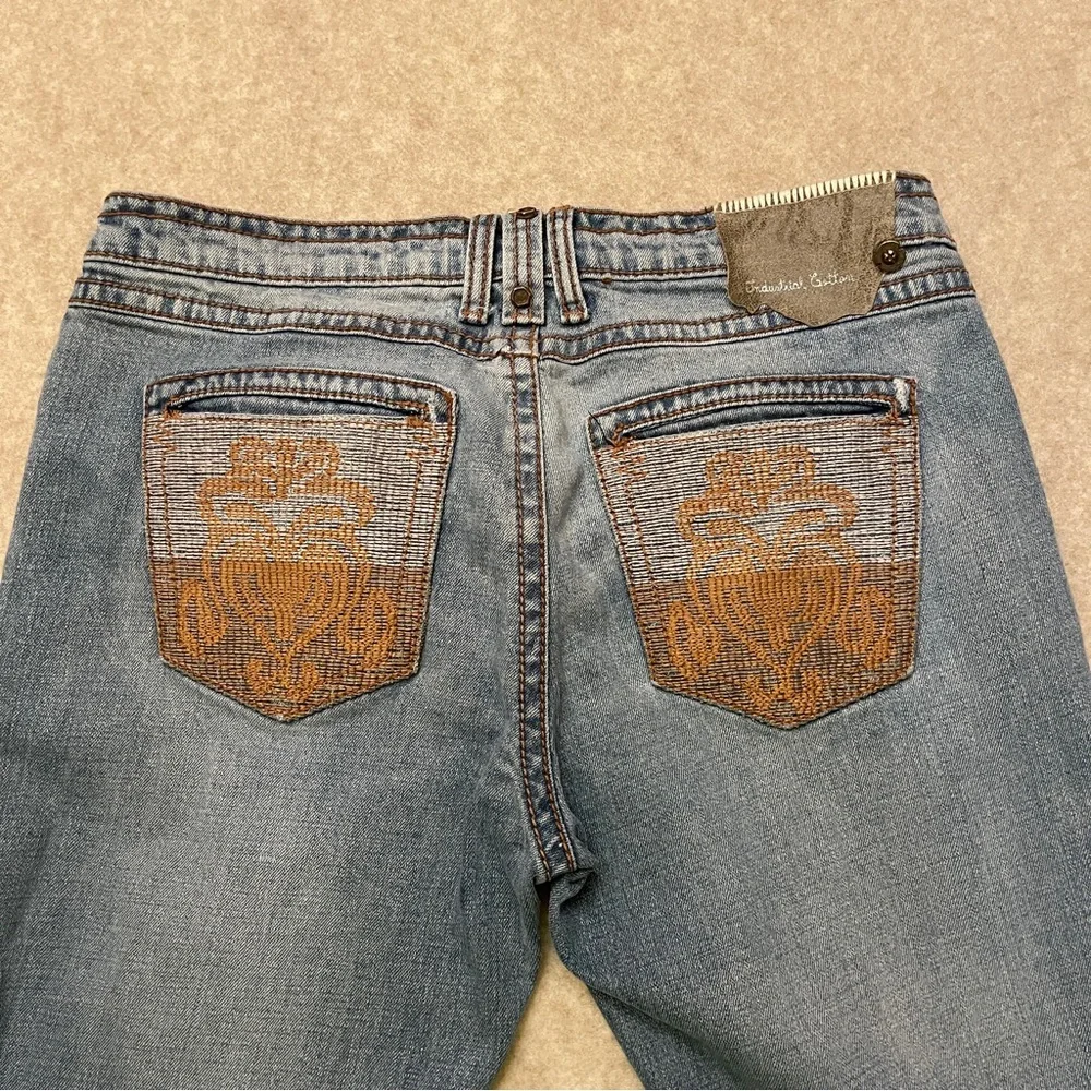 Industrial Cotton Y2K Low Rise Flare Embroidered Blue Denim Jeans Junior Size 13